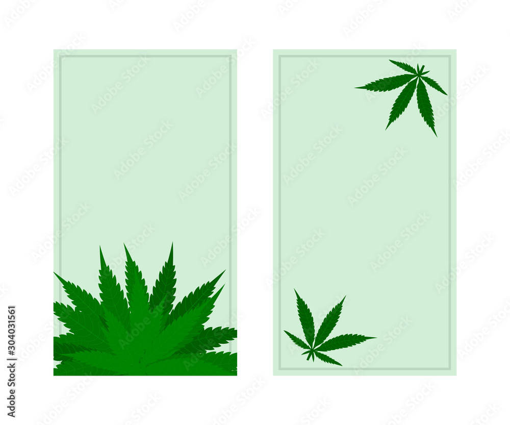 Banners with vector hemp illustration. Marketing poster with cannabis bush and leaves. Social media template.