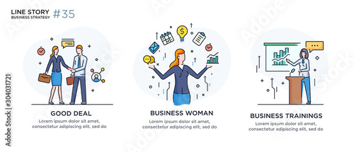 Set of illustrations concept with businessmen. Workflow, growth, graphics. Business development, milestones. linear illustration Icons infographics. Landing page site print poster