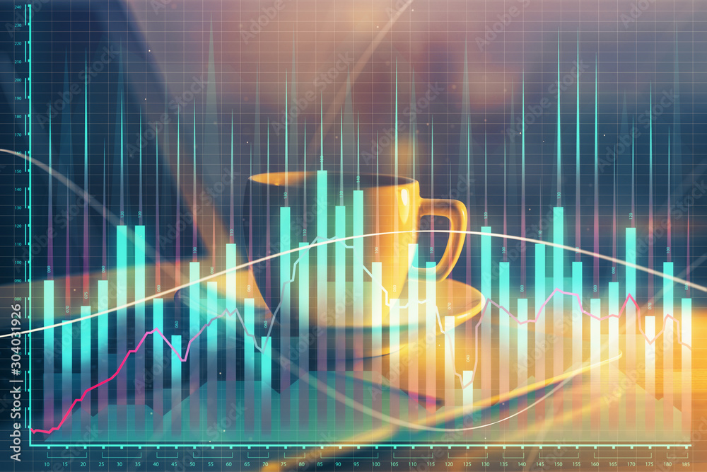 Financial chart drawing and table with computer on background. Double exposure. Concept of international markets. Financial chart drawing and table with computer on background. Double exposure. Concept of international markets.