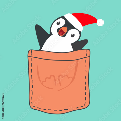 Penguin with red hat in the pocket vector