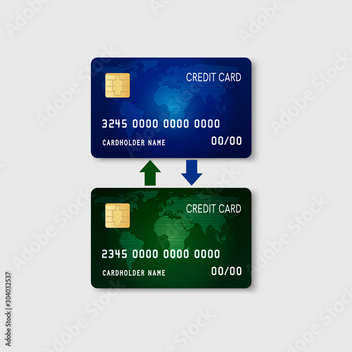 Two plastic credits cards with two arrows. Banking credit card money transfer concept. Vector illustration.
