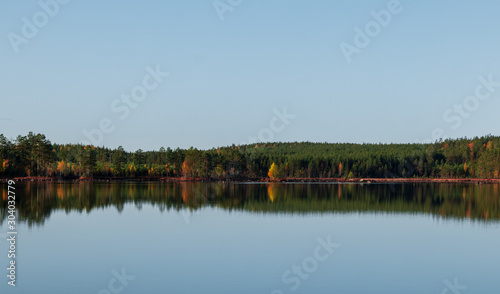 Autumn forest reflecting in a lake during a clear day. 