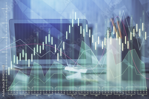 Multi exposure of forex graph and work space with computer. Concept of international online trading. © peshkova