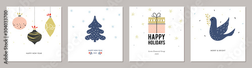 Merry Christmas greeting cards. Trendy square Winter Holidays art templates. 