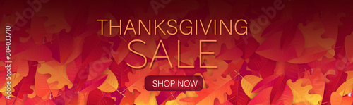 Thanksgiving sale banner, website header or newsletter cover. Red and orange fall leaves realistic vector illustration with lettering.