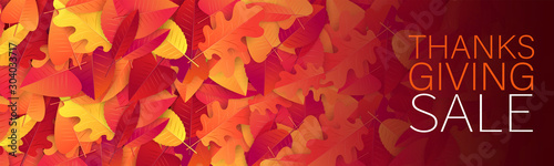 Thanksgiving sale banner, website header or newsletter cover. Red and orange fall leaves realistic vector illustration with lettering.