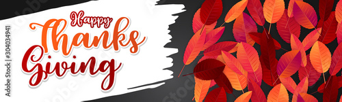 Thanksgiving website header or newsletter advertisement banner. Fall leaves and lettering on white brush stroke background. Traditional american holiday design concept. Vector illustration.