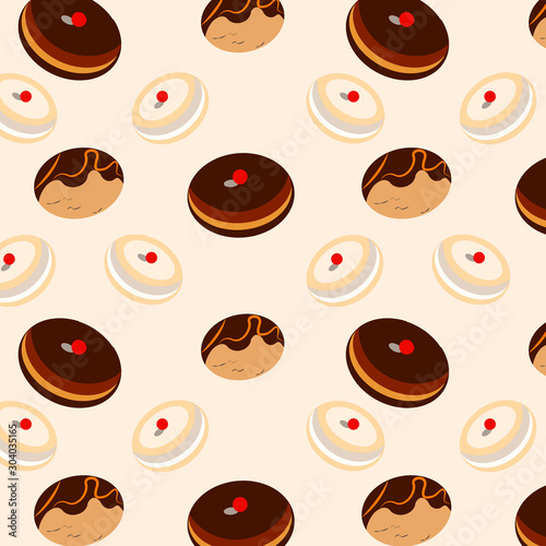 Seamless Hanukkah background. Doughnuts with different fillings