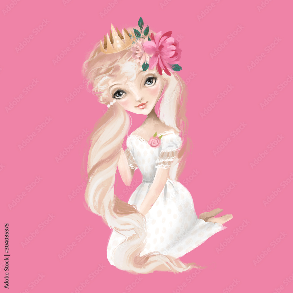 Beautiful princess girl in crown with long hair and flowers, floral ...