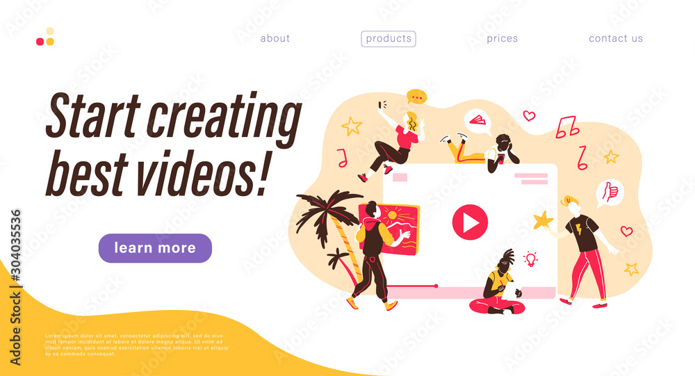 Landing page design template. Creative team generating video content. Making best videos concept. Bloggers, copywriters, designers, photographers, freelancers working. Vector flat  illustration.