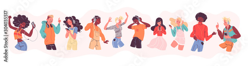 Young stylish people listening to music in headphones and earphones isolated. Multiethnic group. Boys and girls smiling, dancing, jumping, walking. Flat cartoon style. Vector illustration.