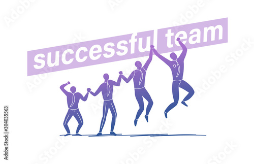 Successful team concept with group of office people hold hand and jumping celebrating isolated on white background. Victory, togetherness emblem, logo. Vector flat illustration.