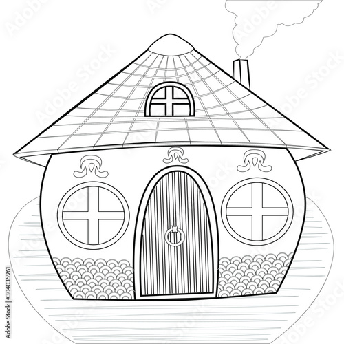 Fairy tale house with a tiled roof. The house has round windows and a chimney, a wooden door.  Painting for children.