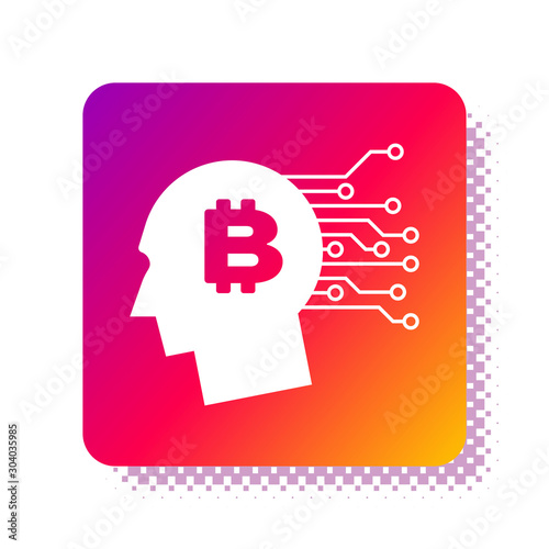 White Bitcoin think icon isolated on white background. Cryptocurrency head. Blockchain technology, bitcoin, digital money market, cryptocoin wallet. Square color button. Vector Illustration