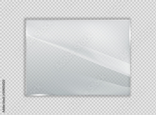 Glass plate on transparent background. Acrylic and glass texture with glares and light. Realistic transparent glass window in rectangle frame.