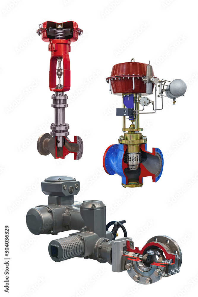 three modern shut-off valves with automatic control for gas pipeline isolated on a white background. Transverse section three modern shut-off valves with automatic control for gas pipeline isolated on a white background. Transverse section