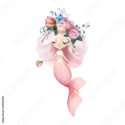 Dekoracja na wymiar  cute-and-beautiful-little-mermaid-with-long-hair-and-flowers-watercolor-illustration