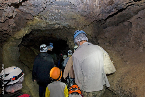 excursion with children inside the lava cave in Tenerife, Caribbean islands, education, research