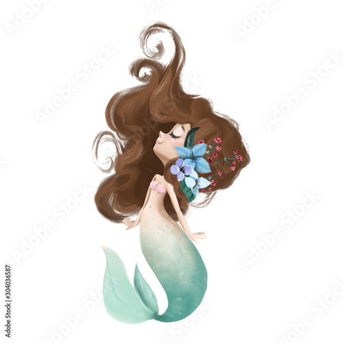 Cute and beautiful little mermaid with long hair and flowers watercolor illustration