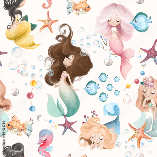 Cute and beautiful seamless pattern - little mermaids, fishes and flowers watercolor illustration