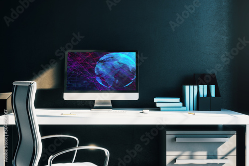 Cabinet desktop interior with world map on computer screen. Concept of international market and trading. 3d rendering.