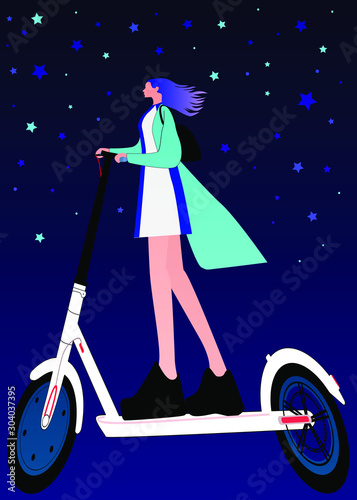 Girl rides an electric scooter. Electric scooter while driving and using. Ecological mode of transport.