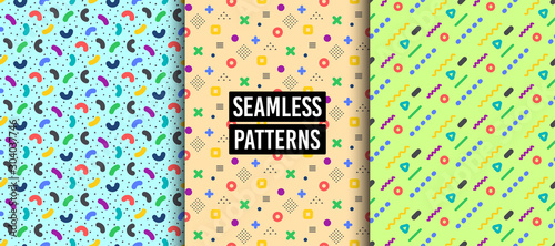 Geometric patterns - abstract seamless textures with colorful patterns. Geometric figures or shapes. Swatches with graphic elements. Hipster fashion Memphis style textures. Abstract decoration. Vector