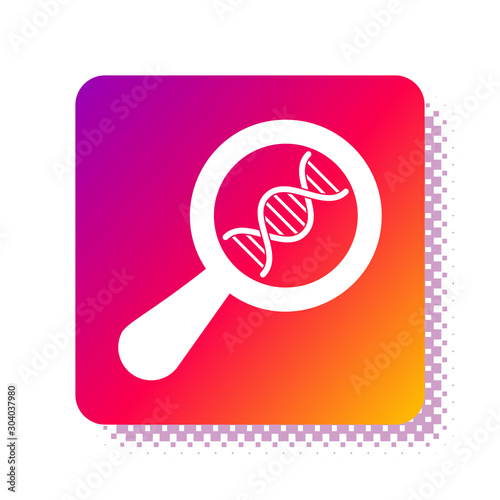 White DNA research, search icon isolated on white background. Magnifying glass and dna chain. Genetic engineering, cloning, paternity testing. Square color button. Vector Illustration