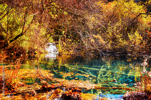 Fototapeta Naklejka Na Ścianę i Meble -  Natural pond with azure crystal water on one of waterfall levels