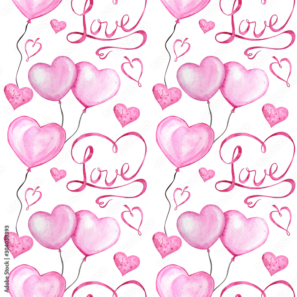 Seamless pattern Watercolor ribbon heart, love letter Greeting card concept. Wedding or Valentine's Day banner, poster design. Hand drawn red pink hearts on white background. texture for scrapbooking