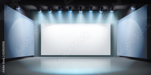 Show in art gallery. Projection screen on stage. Free space for advertising. Vector illustration.