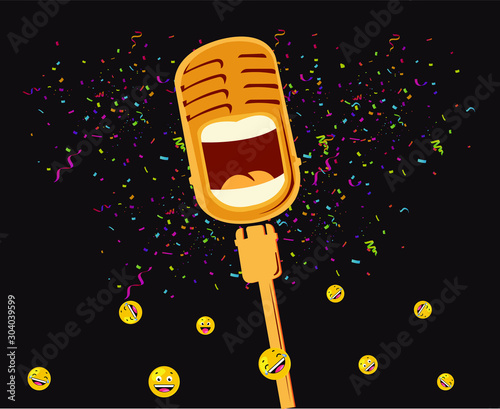 vector illustration of microphone mike laughing, funny speech, stand up comedy