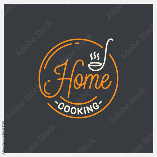 Home cooking logo. Round linear of ladle on black