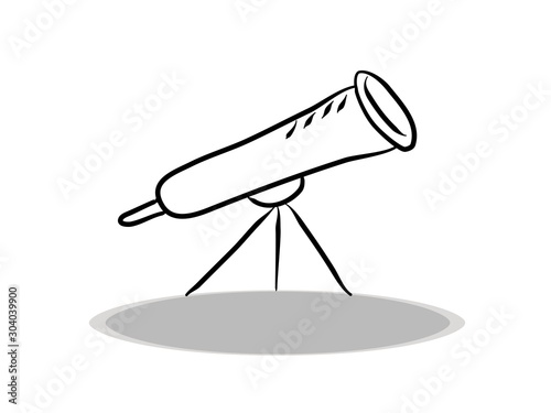 Telescope icon on white background, flat design, hand drawing. Illustration of optics, contour of symbol black