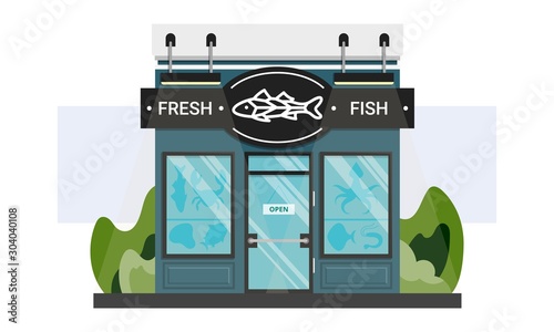 Small local fish shop front entrance with line sign. Fresh seafood storefront isolated on white. Gourmet, healthy and ecological fish products provider. Small business and entrepreneurship concept.