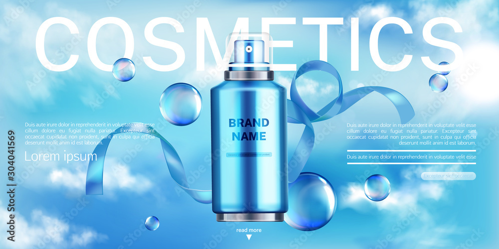 Cosmetics bottle, beauty product landing page banner mock up, spray tube on blue cloudy sky background with bow and bubbles. Moisturize cosmetic advertising template. Realistic 3d vector illustration - obrazy, fototapety, plakaty 