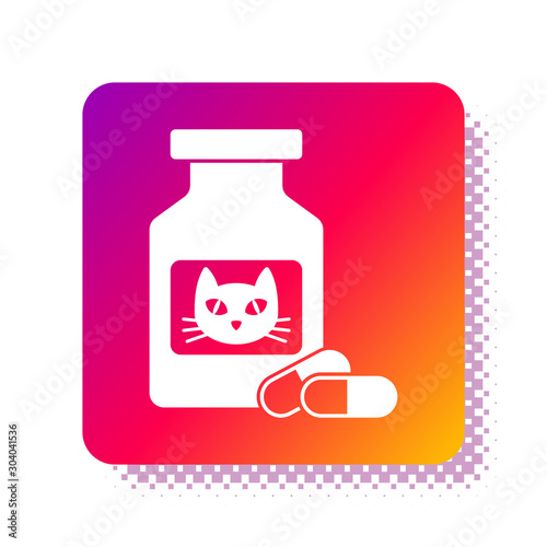 White Cat medicine bottle and pills icon isolated on white background. Container with pills. Prescription medicine for animal. Square color button. Vector Illustration