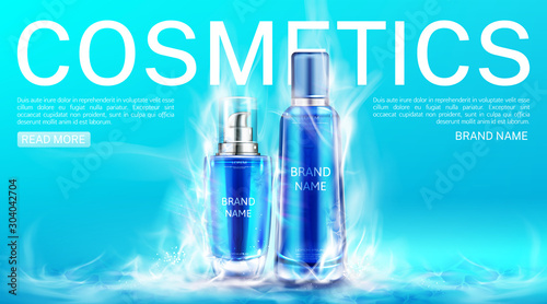 Cosmetics bottles in dry ice smoke landing page mockup background. Cooling beauty cosmetic product tubes, makeup remover, cream, tonic ad promo poster. Realistic 3d vector illustration, web banner