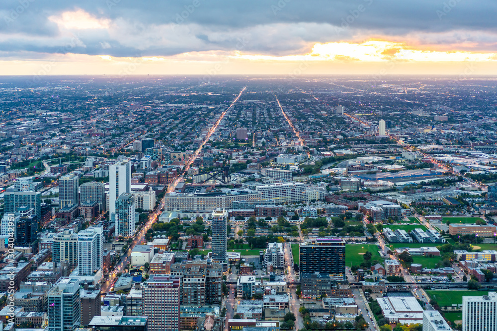 urban city skyline aerial view in Chicago, America