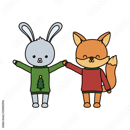 merry christmas celebration cute rabbit and fox with sweater decoration