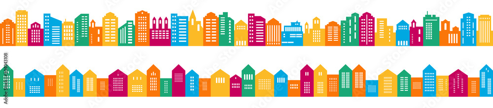 Colorful сlassic and vintage houses in a row. Vector illustration in flat style. Horizontal seamless border. 