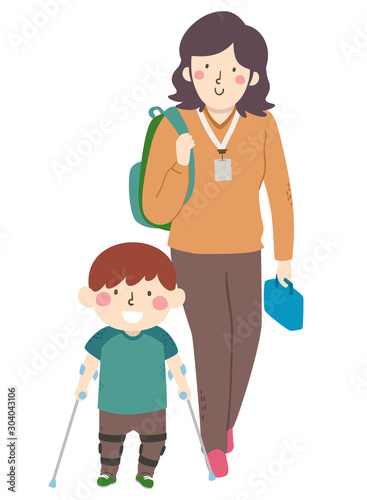 Kid Boy Special Need Teacher Help Illustration