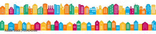 Colorful   lassic and vintage houses in a row. Vector illustration in flat style. Horizontal seamless border. 