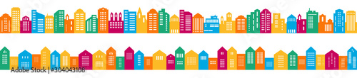 Colorful сlassic and vintage houses in a row. Vector illustration in flat style. Horizontal seamless border. 