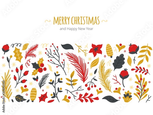 Hand-drawn Christmas banner with text. Vector illustration with lovely leaves  cones  branches and berries. Great for logo  website  postcard  banner or print.