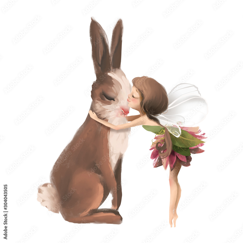 Fototapeta Cute hand drawn fairy in floral dress, kissing a bunny, rabbit, fawn, woodland watercolor illustration