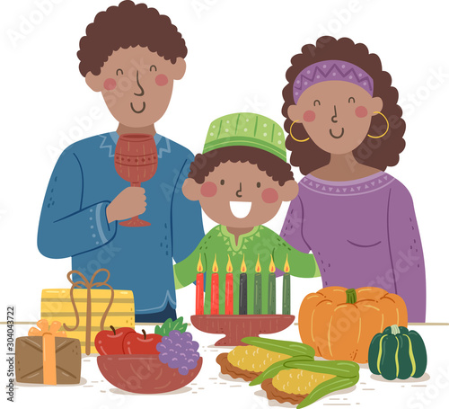 Kid Boy Family Celebrate Kwanzaa Illustration
