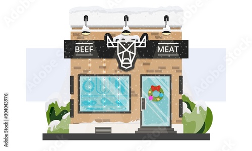 Fresh meat storefront with Christmas wreath and garlands and snow isolated on white.
