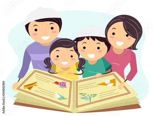 Family Jewish Reading Haggadah Illustration