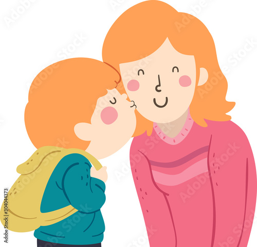 Kid Boy Kiss Mom Cheek Illustration